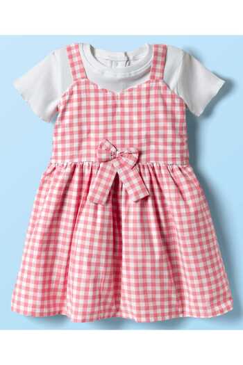 Babyhug Cotton Woven Half Sleeves Frock With Checks Print & Bow Applique - Pink
