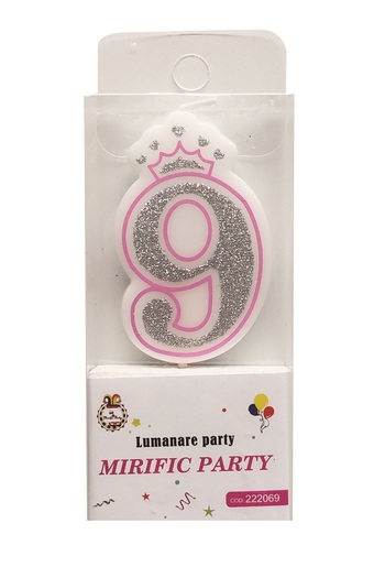 SDX Market Glitter crown candle, number 9, white and pink