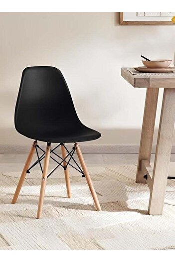 Taimi 5-Piece Dining Set, Modern Round Dining Table 80cm with 4 Black Plastic Chairs and Wooden Legs