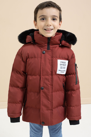 Cansın Mini Boy's Tile Written Coat with Coat Detail and Fur Inside Hooded down Jacket 21347