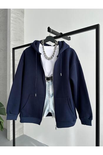 FERZOLAİO Zippered Hooded Oversized Navy Blue Cardigan