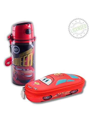 Disney Cars Lightning Mcqueen Licensed Steel Flask - Water Bottle and Pen Holder Set |   Gift Set of 2 for School
