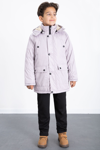 Cansın Mini Gray Fur Inside Removable Hood Basic Boys down Jacket 21437