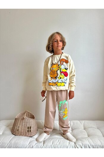 Patriko Boy's Garfi̇eld & Odi̇e Printed New Season 2 Thread Sweatshirt Tracksuit Bottom Top Set