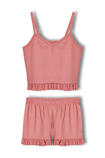 HNX Pamuklu Fitilli Crop Atlet ve Fırfırlı Şort Kadın Pijama Takımı