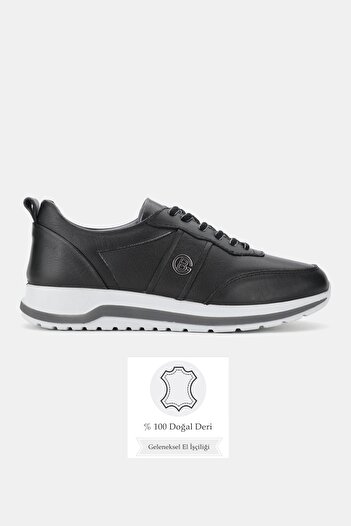 TUNAELLİ Men's Black Khaki Natural Leather Lace up Orthopedic Casual Shoes