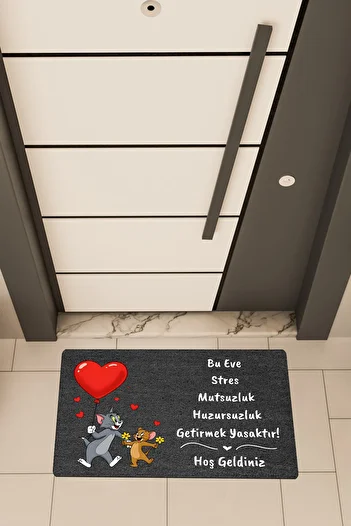 Dormot High Quality Digital Printing Black with Heart Balloon Tom and Jery Theme Door Mat