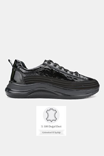 TUNAELLİ Men's Black Patent Leather Genuine Leather Lace up Sneaker Shoes