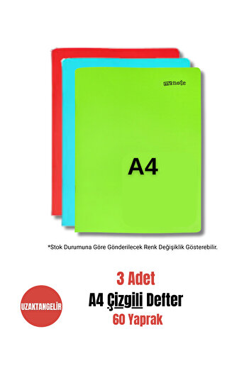 uzaktangelir Mynote A4 60 Sheets Stitched Plastic Cover Lined Notebook (3 Pieces)