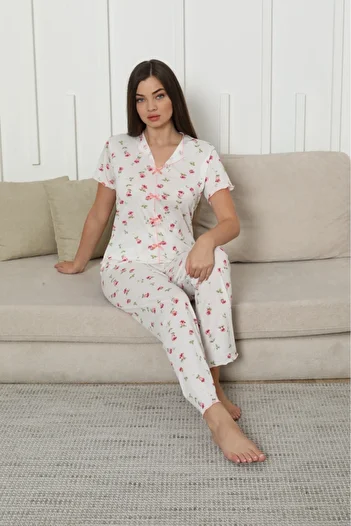 Sude HOMEWEAR Women's Knitted Fabric Blue Flower Pattern Short Sleeve Pajama Set