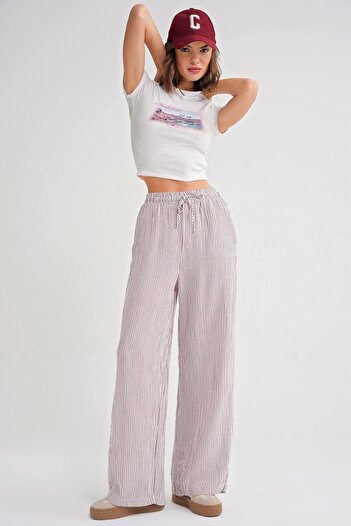 Mixray 4729 Women's Thin Striped Palazzo Loose Fit Muslin Trousers Burgundy