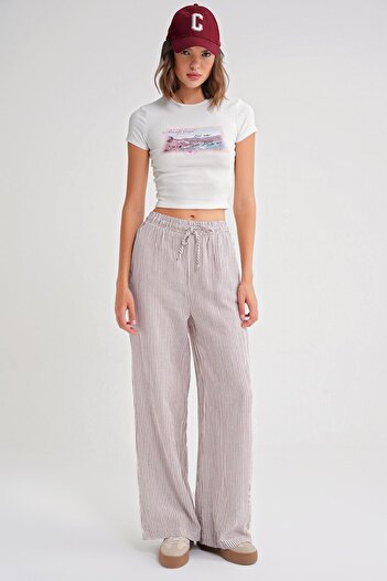Mixray 4729 Women's Thin Striped Palazzo Loose Fit Muslin Trousers Burgundy