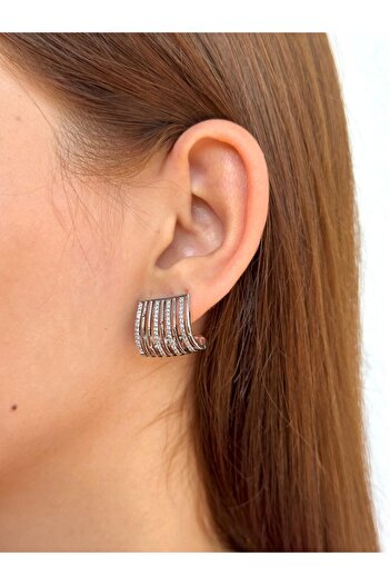 BY YASİN TOPÇU Steel Multi-Row Zircon Fan Earrings – Silver