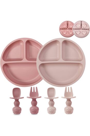 erorex 2 Pack Toddler Divided Suction Plates 2 Spoons 2 Forks Babies Silicone Baby Led Weaning Supplies