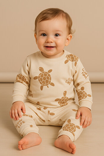 Uğur bebe 100% Cotton Beige Turtle Patterned Baby Pajama Set – 6 Months 24Months, Comfortable and Stylish Home Wear