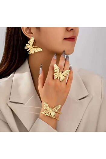 İMREN AKSESUAR Gold Plated Butterfly Bracelet, Earrings and Ring Set Gift for Lover Gift for Mom