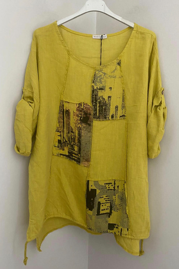 AYASOFYA OTANTIK Women's Italian Yellow Round Neck Patch Detailed Half Sleeve Oversize Loose 100% Linen Blouse Tunic