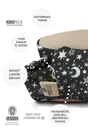 Kokopatik Organic Cotton Baby Booties, Anti-Slip Sole, Home Nursery Shoes, Night Pattern Booties