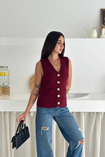 Noi Belis Basic V-Neck Pocket Detailed Knitwear Vest Aw25Yl0002
