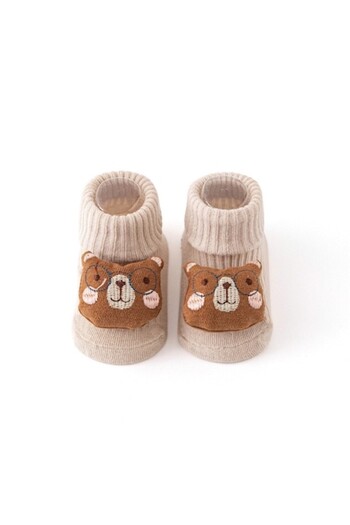 Mixbo - Baby Socks with Attached Toy, Bear, Rattle, Anti-slip Sole, Cotton, 0+ Months, Nude
