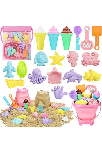 erorex 20Pcs Beach Toys Ice Cream Sand Toys Toddlers Collapsible Bucket Shovels Kids Bag Travel Toys Boys