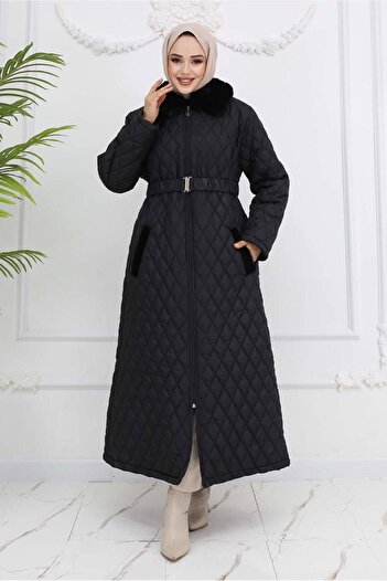 TRENDTESETTÜR Women's Black Fur Detail Coat t 4094