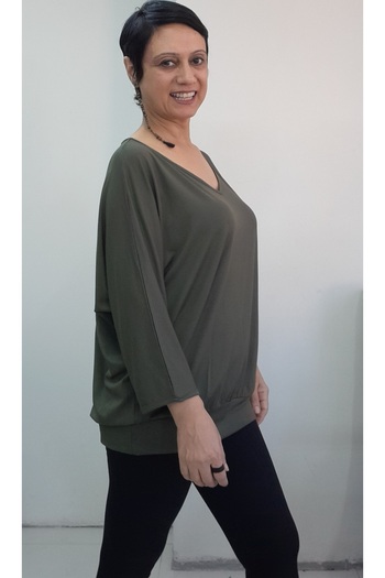 Mertcan Butik Khaki Green V-Neck Bat Three-Quarter Sleeve Combed Viscose T-Shirt