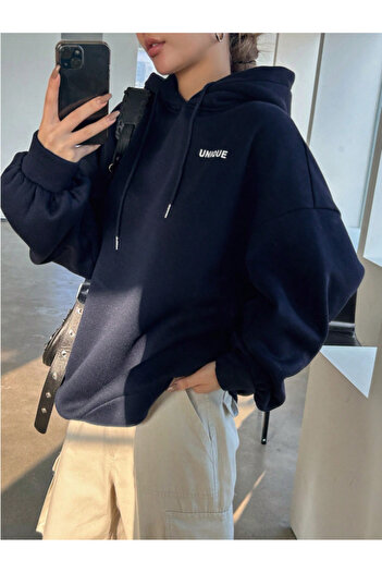 Revasser Unisex Erkek/Kadın Lacivert 22 Renkli Özel Baskılı Pamuklu Oversize Kapüşonlu Sweatshirt