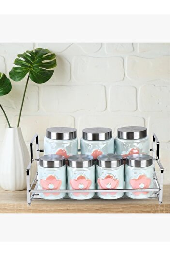 rexa A set of 7 ceramic spices boxes with a lid and a stand