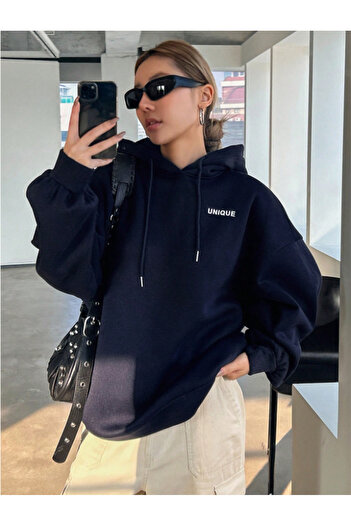 Revasser Unisex Erkek/Kadın Lacivert 22 Renkli Özel Baskılı Pamuklu Oversize Kapüşonlu Sweatshirt
