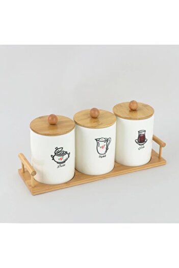 rexa Ceramic Jar Set for Coffee, Tea & Sugar with Wooden Base – 3 Pieces