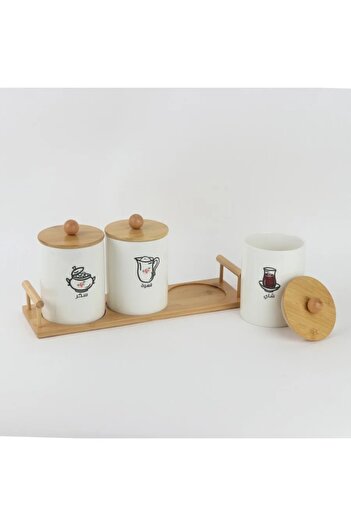 rexa Ceramic Jar Set for Coffee, Tea & Sugar with Wooden Base – 3 Pieces
