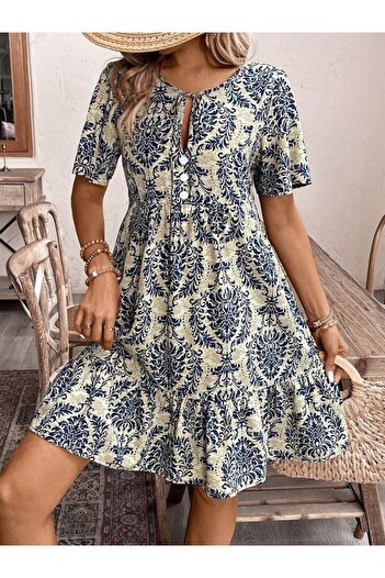 buğrahayalin Women's Short Sleeve Collar Lace-Up Patterned Ruffled Single Jersey Dress