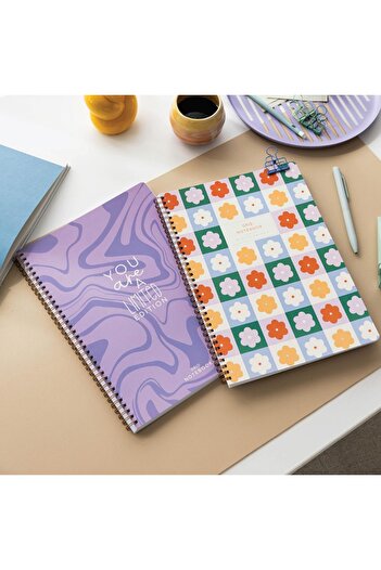STOREMAX Snshop Spiral Cardboard Cover Set of 2 Checkered School Notebook 80 Sheets, Lesson Planned Lilac Flower