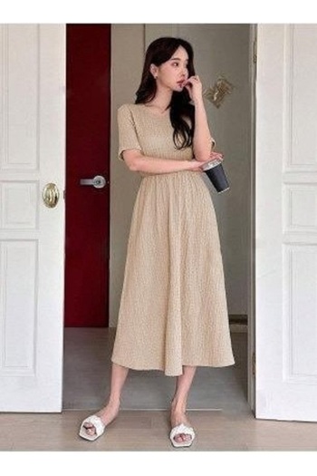 LC Waikiki Beige Wrinkled Detail Short Sleeve Midi Dress