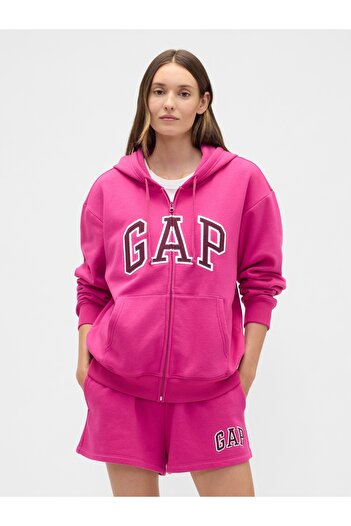 GAP Kadın Pembe Logo Fleece Fermuarlı Sweatshirt