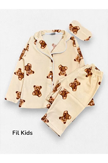 Fil Kids Girl's Cotton Fabric Suede Beige Teddy Bear Patterned Sleep Banded Piping Shirt Collar Pajama Set