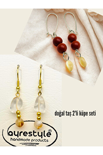 ayrestyle Set of 2 Dangle Earrings with Natural Stones - Jasper-Quartz & Citrine-Colorful Earrings with Natural Stones,