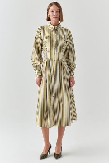 Exquise Striped Shirt Collar Long Sleeve Slim Fit Midi Dress