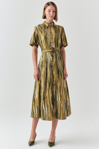 Exquise Patterned Short Sleeve Regular Midi Dress with Waist Belt