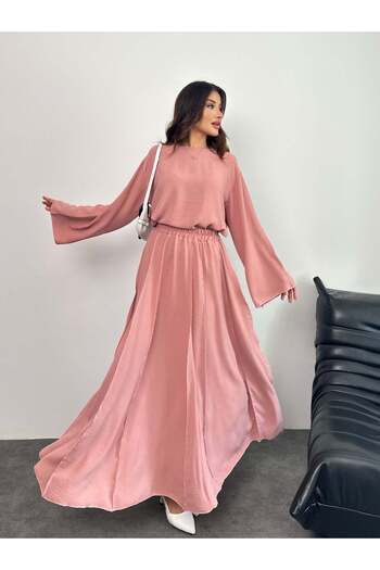 Hatun Atila Overlock Detailed Blouse and Skirt Double Set 8045 - Pink