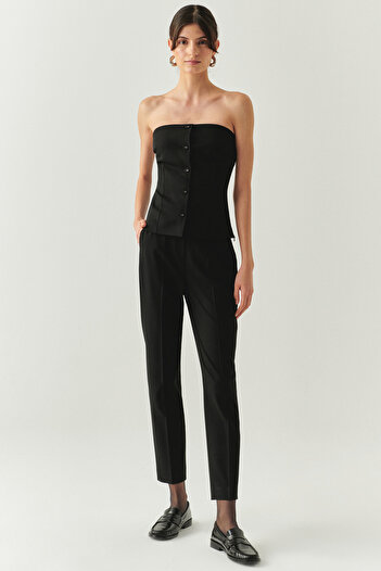 Exquise Strapless Buttoned Slim Fit Black Bustier