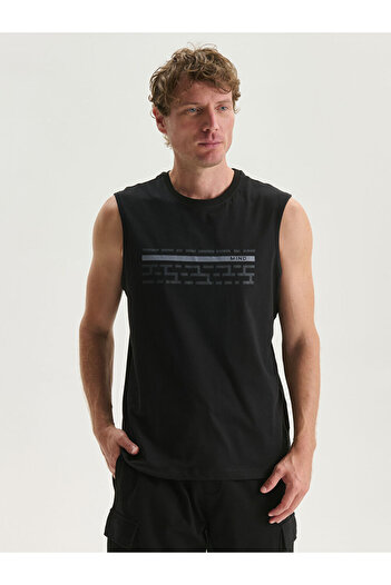 LC Waikiki Black Crew Neck Printed Combed Cotton Men's Sleeveless T-Shirt