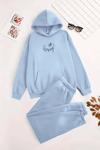CLAYES Unisex Hooded BabyBlue Σετ αθλητικής φόρμας HAPPY FLOWER Printed - Χειμερινό ύφασμα με ανοιχτόχρωμο