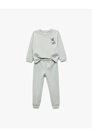 Koton Quilted Crew Neck Koala Embroidered 2-Piece Green Baby Boy Top-Underwear Set 6Wmb10195Tk