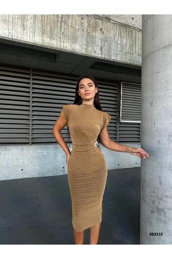 Modafeminen Flowers Half Turtleneck Brooch Detailed Midi Evening Dress 583310 Gold