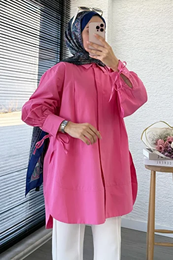 MELEK ARAZ Premium Tie-Up Poplin Tunic with Sleeves - Pink