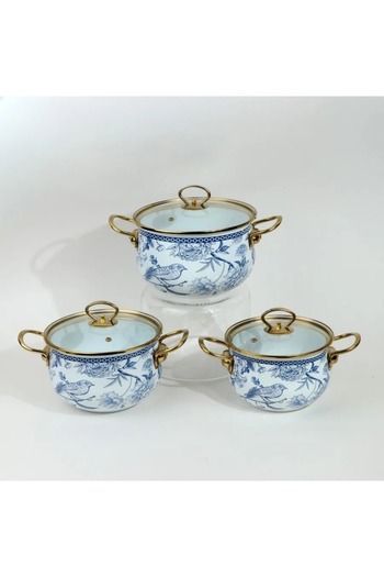 rexa Set of 3 Elegant Cooking Pots with Blue Floral & Bird Patterns – Glass Lids -6 pieces