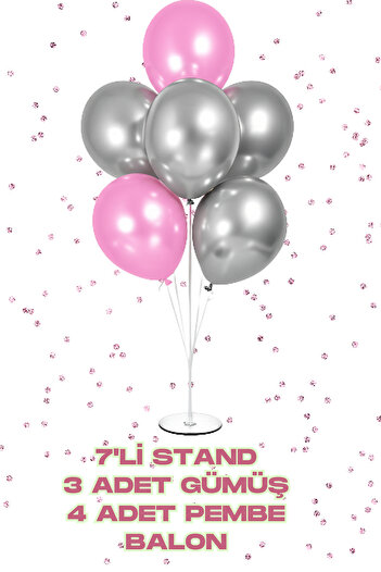 Baloncu Nene 70 cm 7 Li Balloon Stand 4 Pieces Pink 3 Silver Shiny Balloon Celebration Birthday Ornament Material