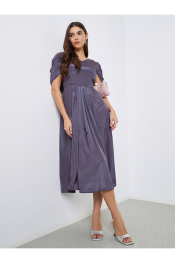 Maxim Creation By Styli Purple Draped Back Midi Dress